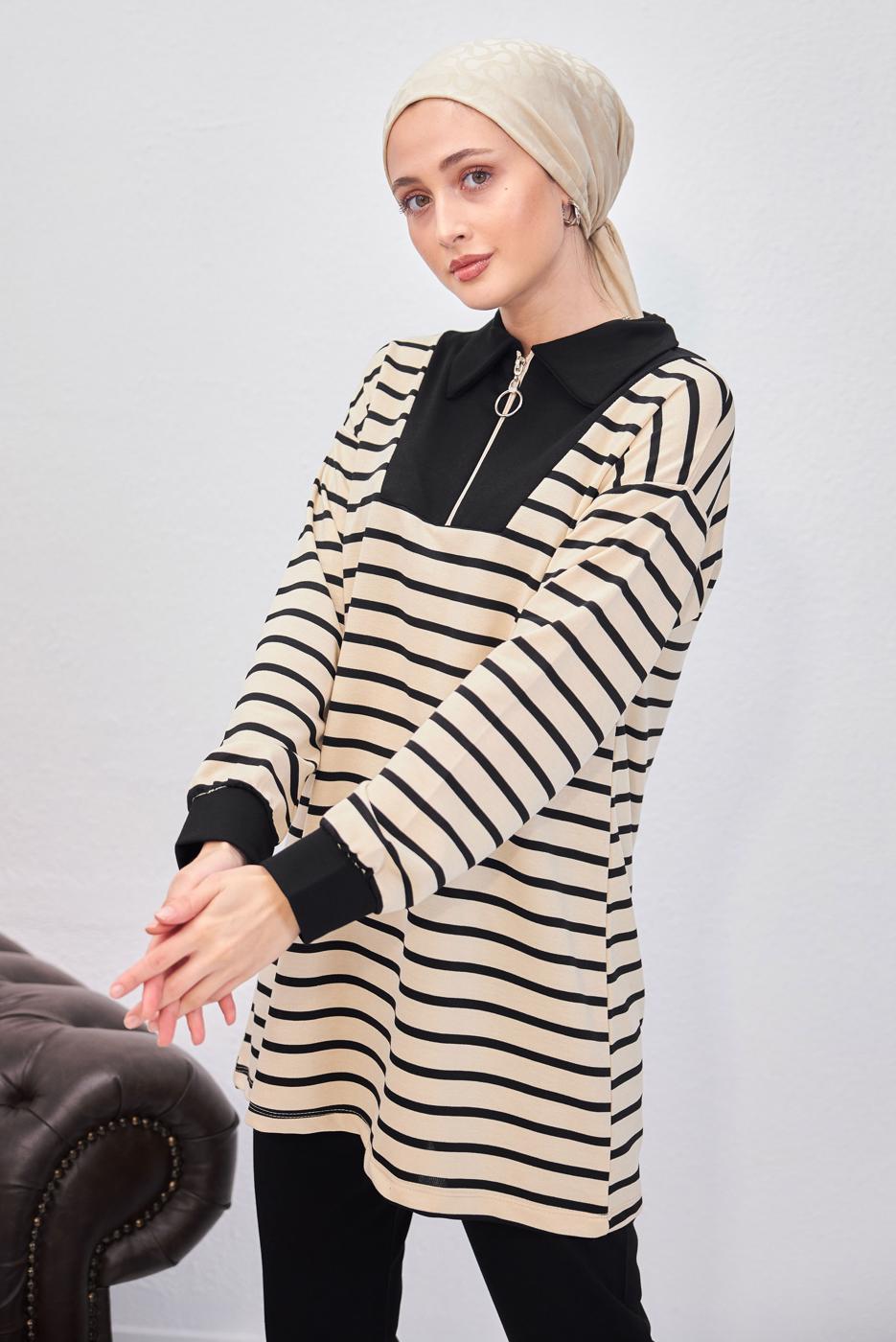 Tesettür giyim SİYAH ÇİZGİLİ PANTOLONLU TAKIM T 8643