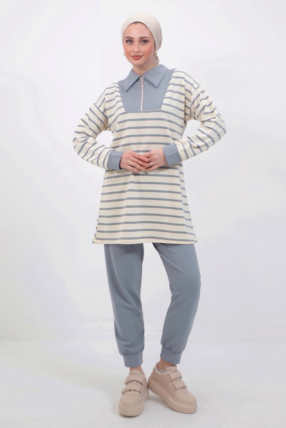 Tesettür giyim GRİ ÇİZGİLİ PANTOLONLU TAKIM T 8643