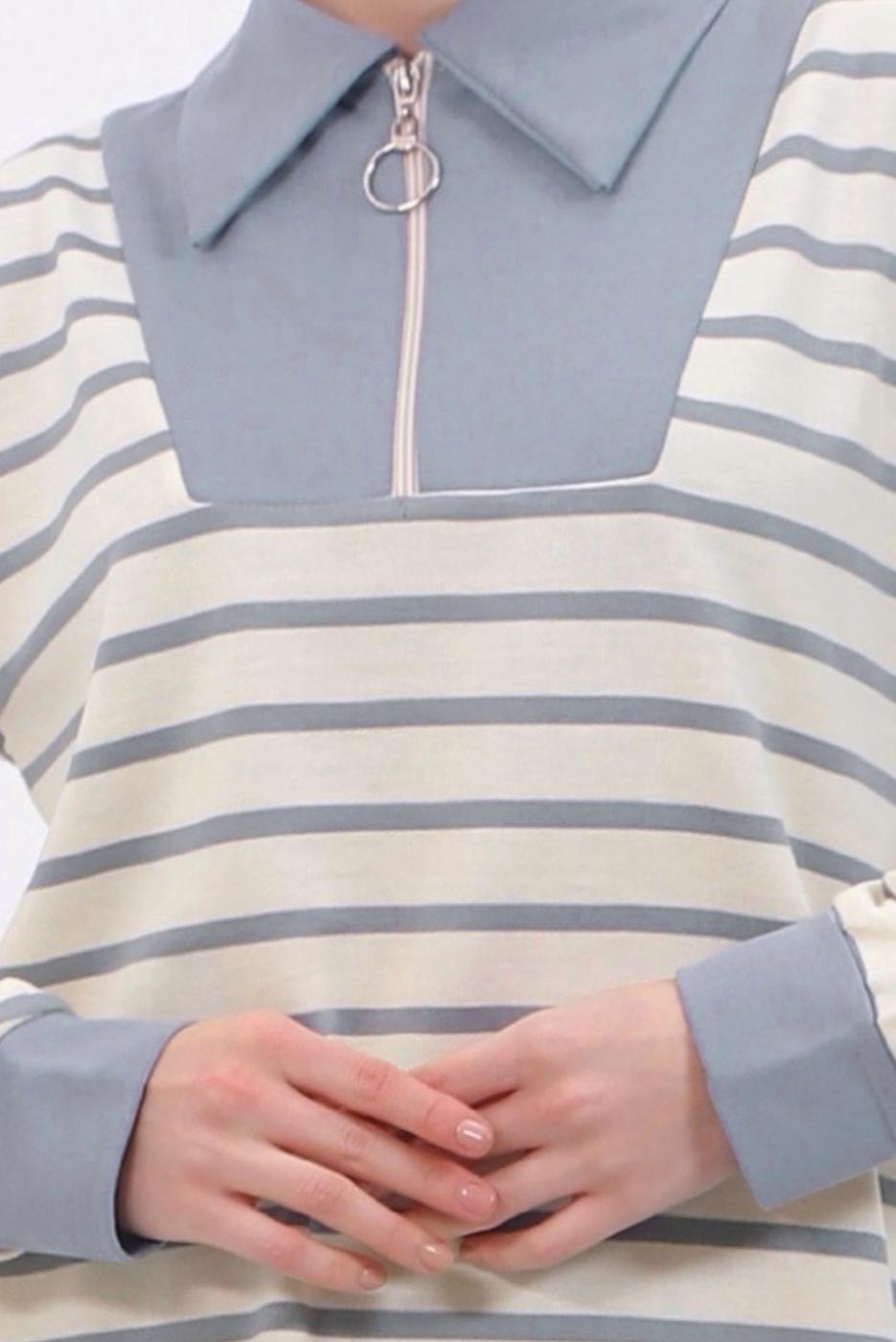 Tesettür giyim GRİ ÇİZGİLİ PANTOLONLU TAKIM T 8643