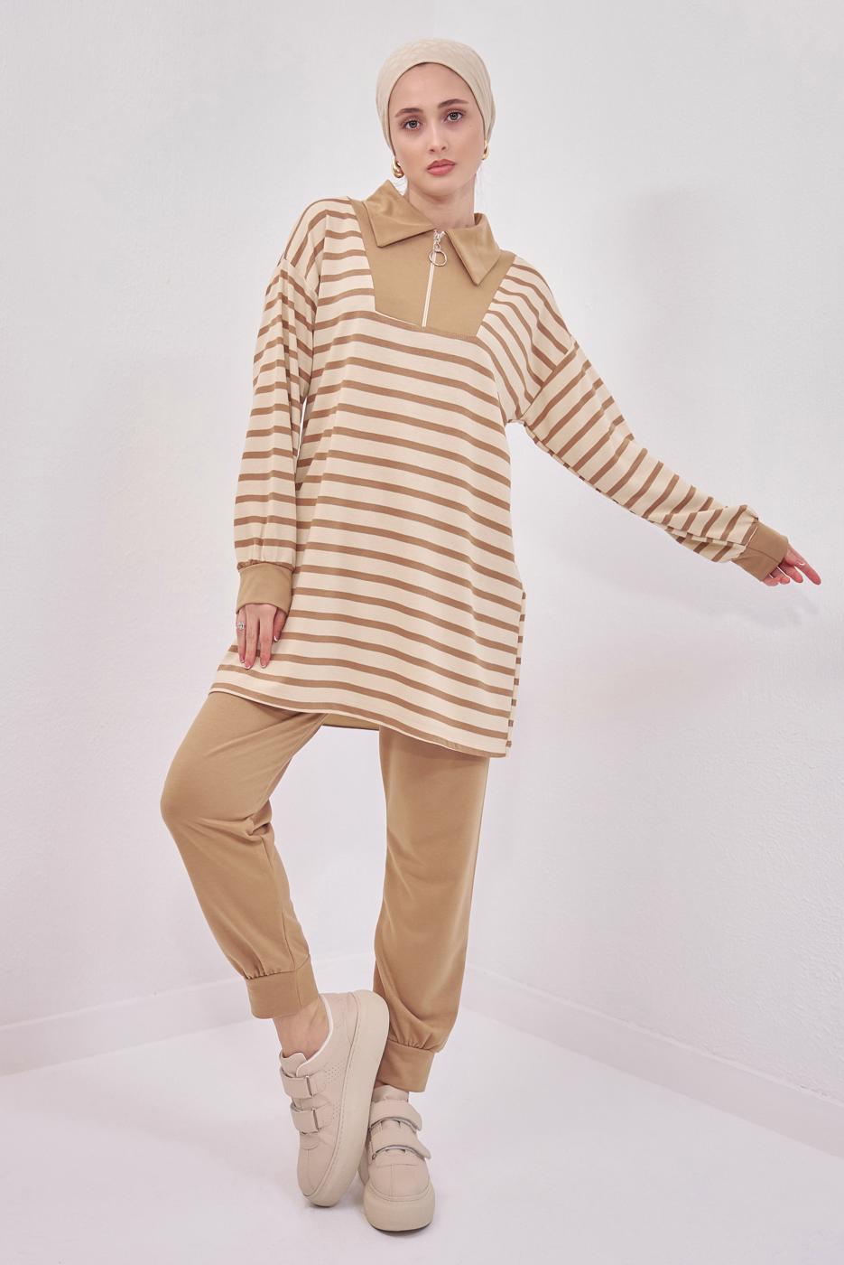 Tesettür giyim KAHVE ÇİZGİLİ PANTOLONLU TAKIM T 8643