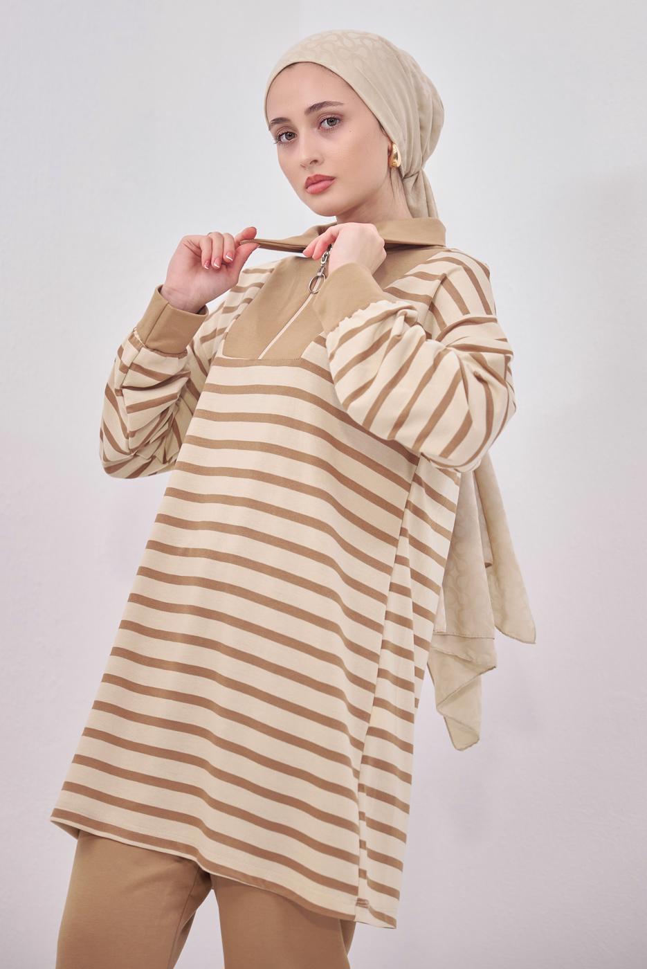 Tesettür giyim KAHVE ÇİZGİLİ PANTOLONLU TAKIM T 8643