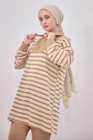Tesettür giyim KAHVE ÇİZGİLİ PANTOLONLU TAKIM T 8643