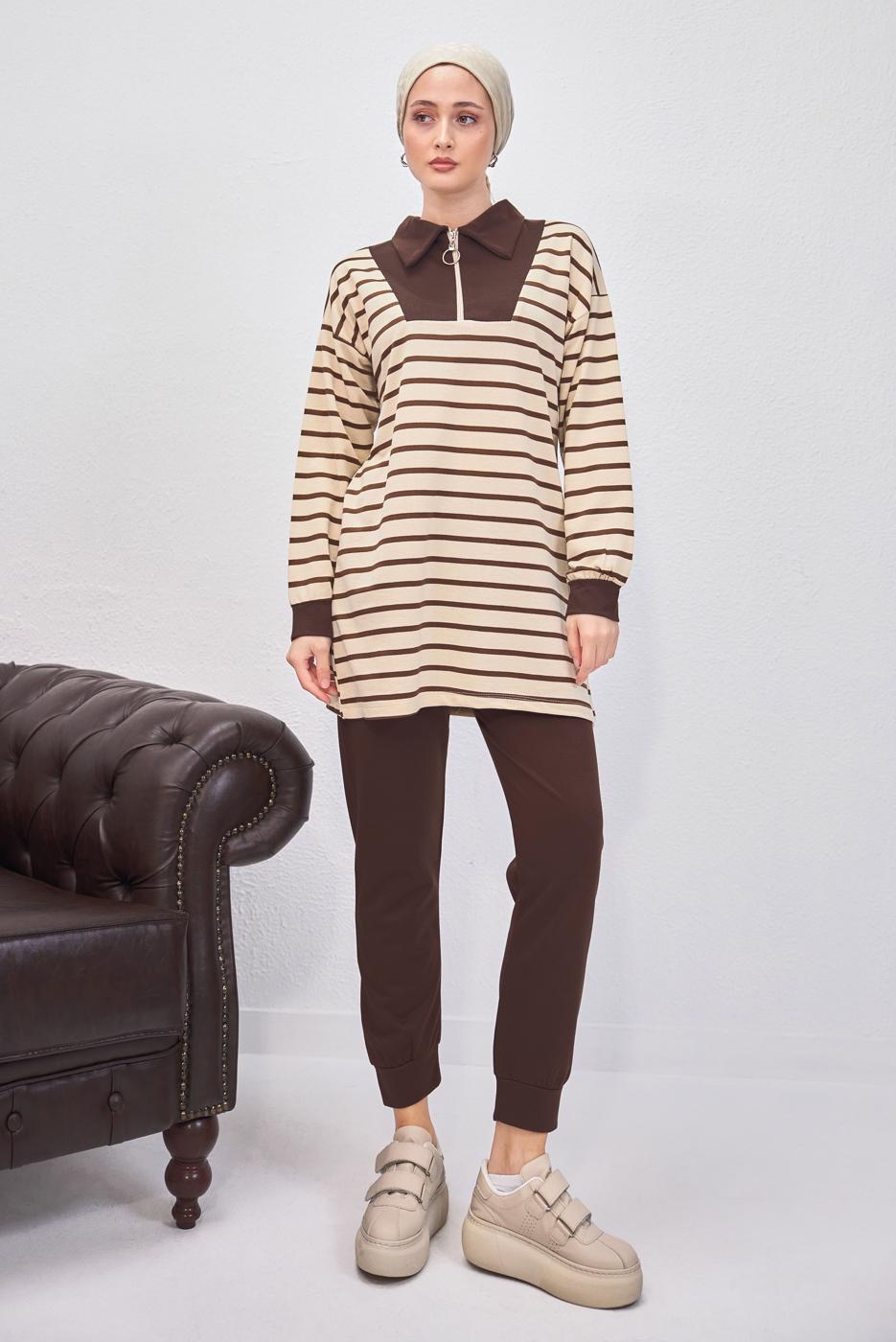 Tesettür giyim KAHVE ÇİZGİLİ PANTOLONLU TAKIM T 8643