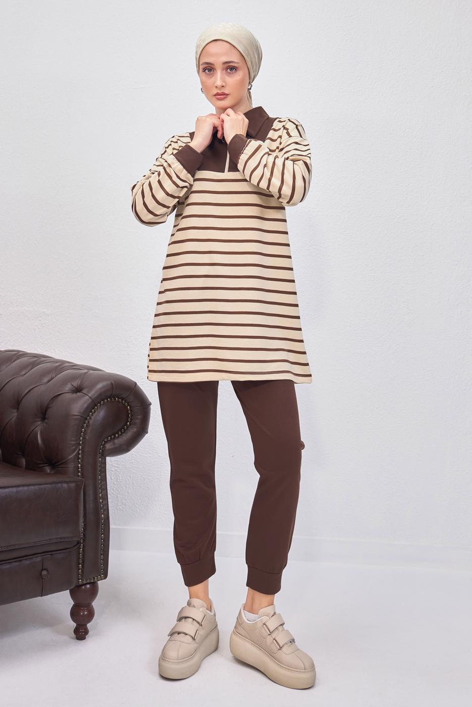 Tesettür giyim KAHVE ÇİZGİLİ PANTOLONLU TAKIM T 8643