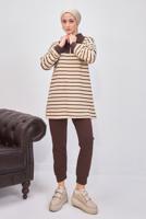 Tesettür giyim KAHVE ÇİZGİLİ PANTOLONLU TAKIM T 8643