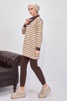 Tesettür giyim KAHVE ÇİZGİLİ PANTOLONLU TAKIM T 8643