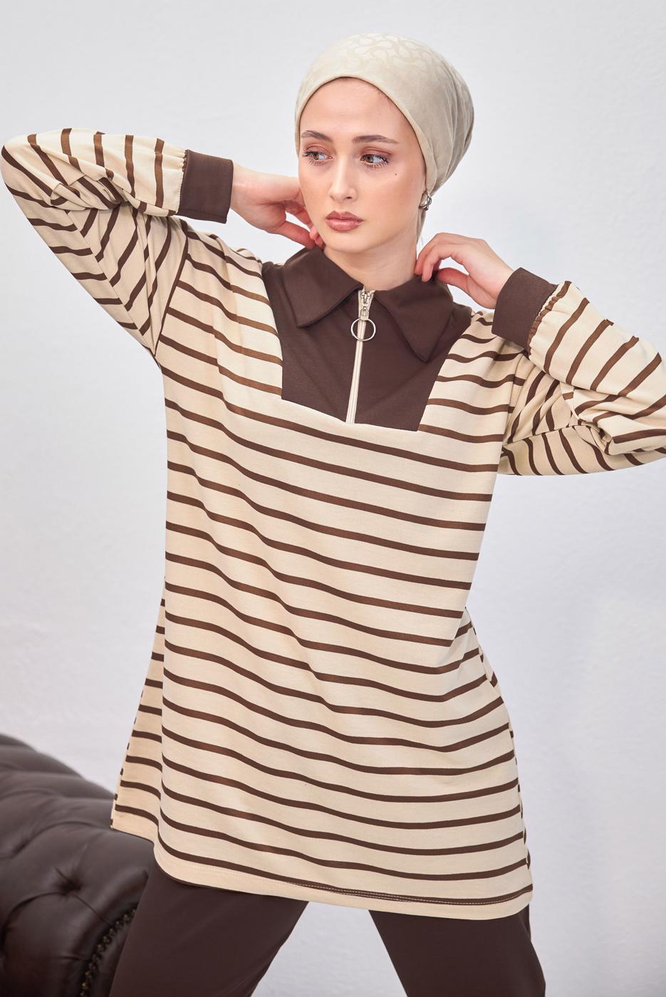 Tesettür giyim KAHVE ÇİZGİLİ PANTOLONLU TAKIM T 8643