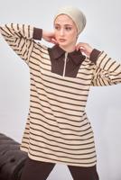 Tesettür giyim KAHVE ÇİZGİLİ PANTOLONLU TAKIM T 8643