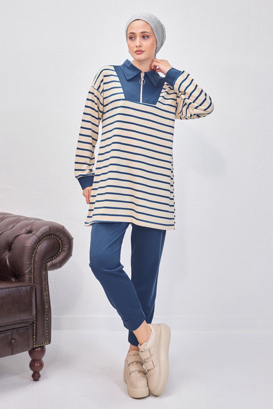 Tesettür giyim LACİVERT ÇİZGİLİ PANTOLONLU TAKIM T 8643