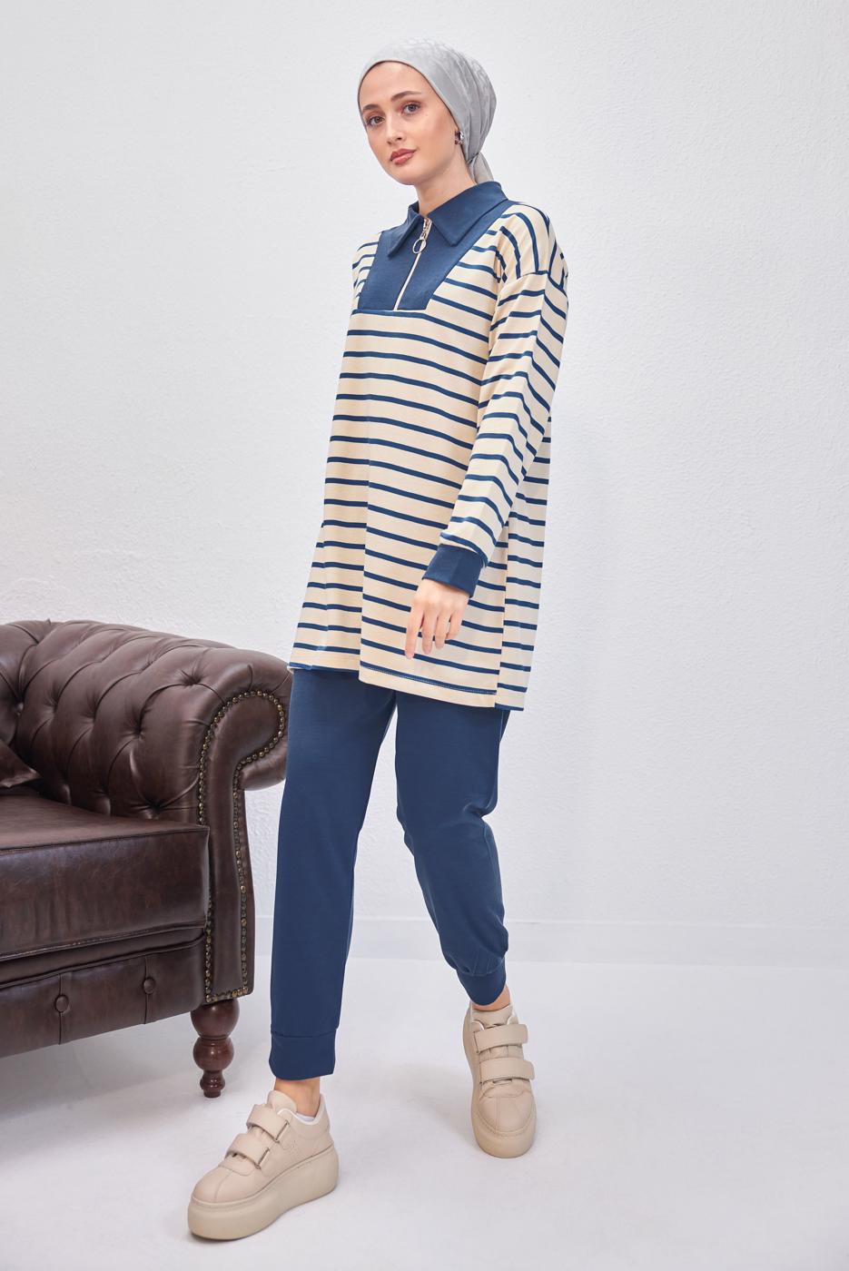 Tesettür giyim LACİVERT ÇİZGİLİ PANTOLONLU TAKIM T 8643