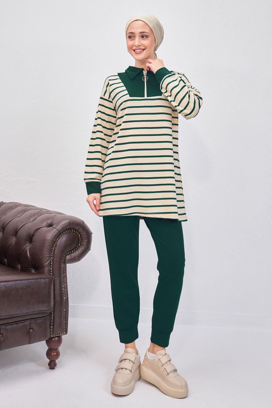 Tesettür giyim YEŞİL ÇİZGİLİ PANTOLONLU TAKIM T 8643