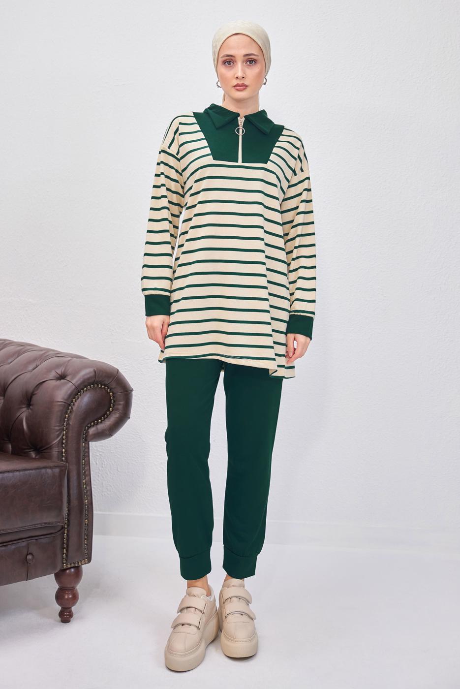 Tesettür giyim YEŞİL ÇİZGİLİ PANTOLONLU TAKIM T 8643