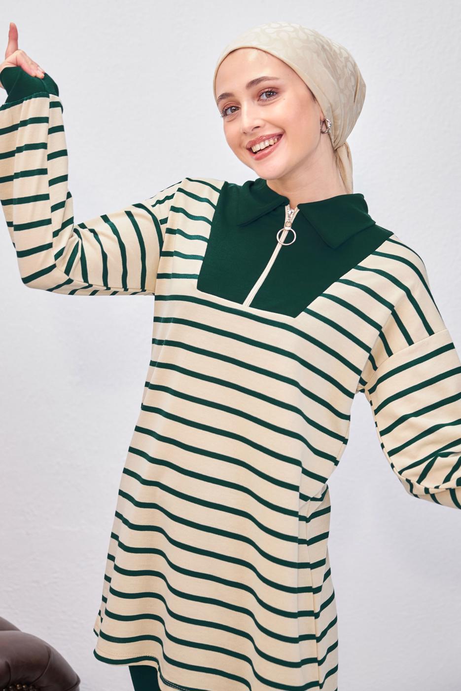 Tesettür giyim YEŞİL ÇİZGİLİ PANTOLONLU TAKIM T 8643