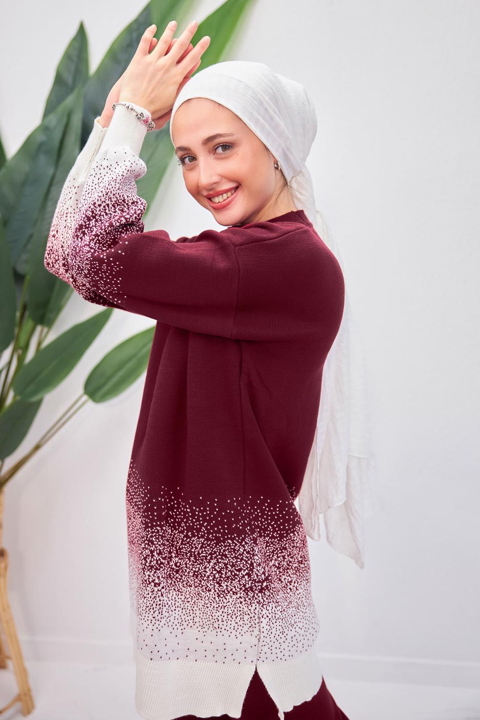 Tesettür giyim BORDO PANTOLONLU TRİKO TAKIM T 8708