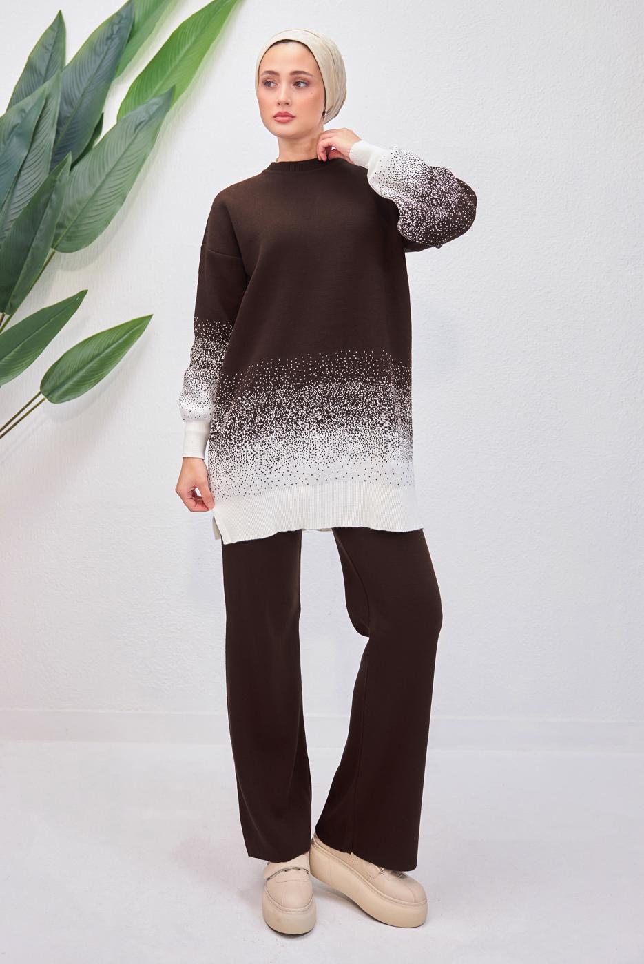 Tesettür giyim KAHVE PANTOLONLU TRİKO TAKIM T 8708
