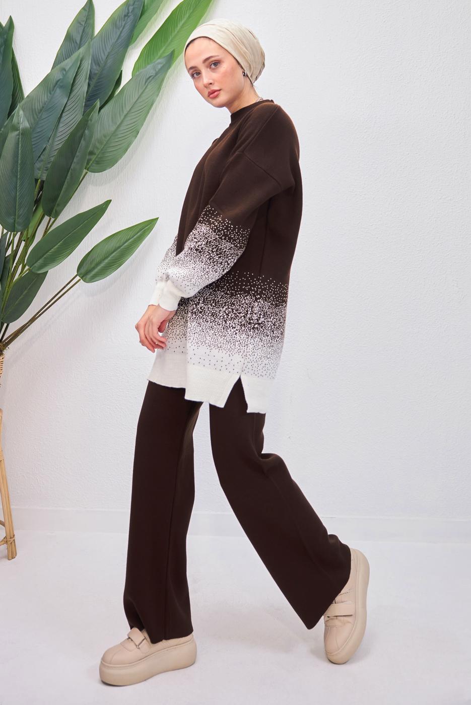 Tesettür giyim KAHVE PANTOLONLU TRİKO TAKIM T 8708