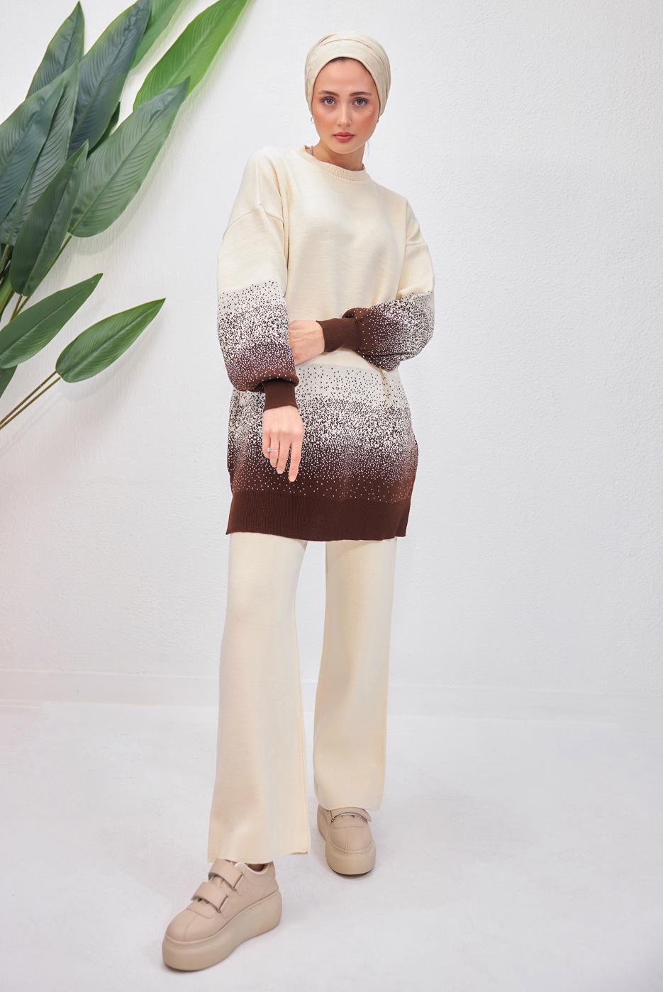 Tesettür giyim TABA PANTOLONLU TRİKO TAKIM T 8708