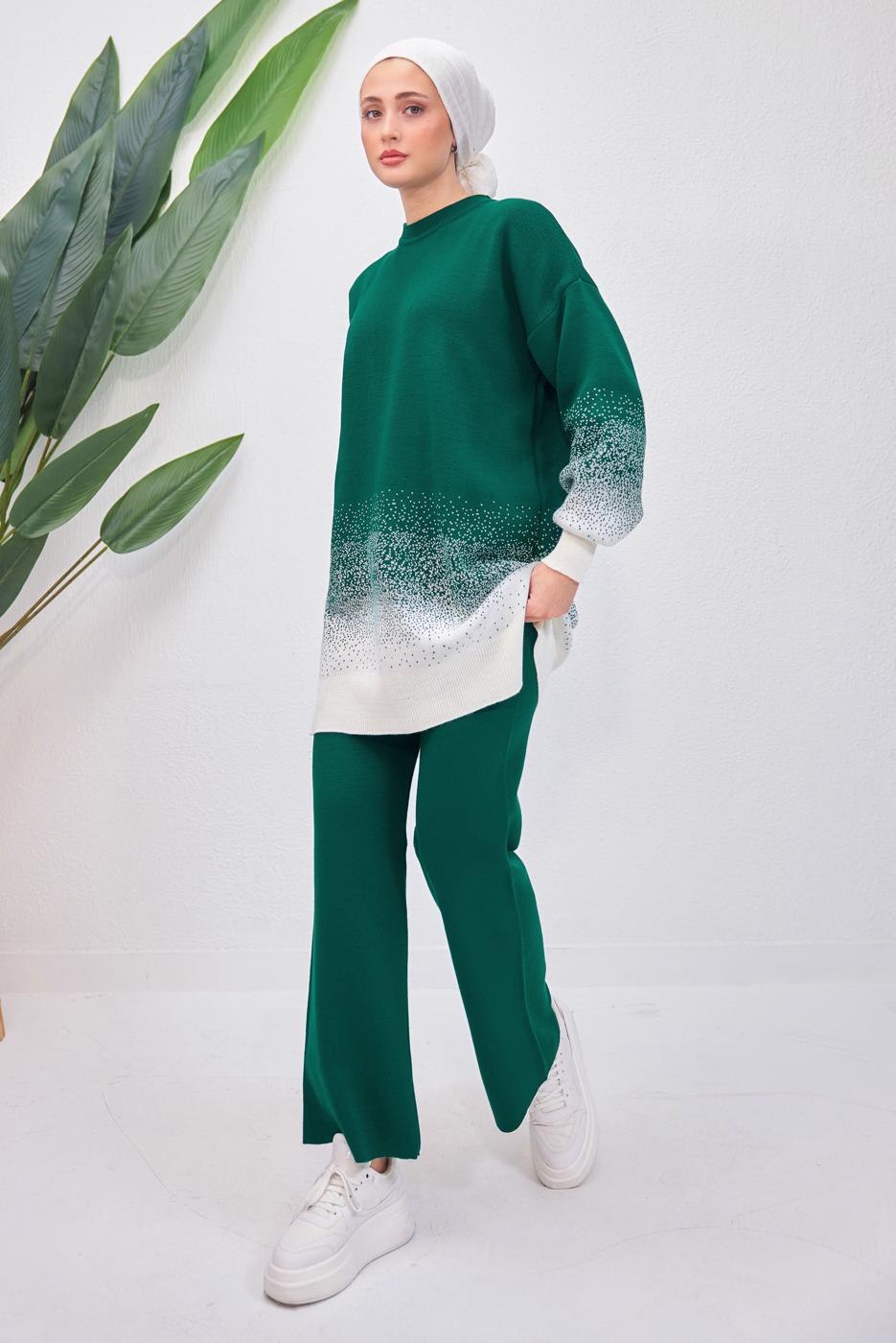 Tesettür giyim YEŞİL PANTOLONLU TRİKO TAKIM T 8708
