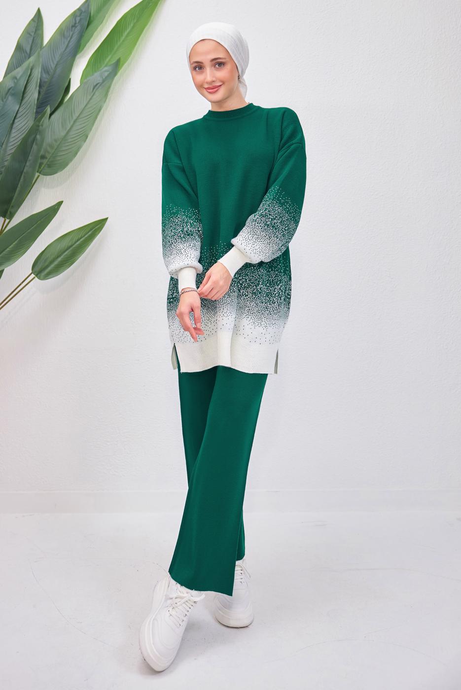 Tesettür giyim YEŞİL PANTOLONLU TRİKO TAKIM T 8708