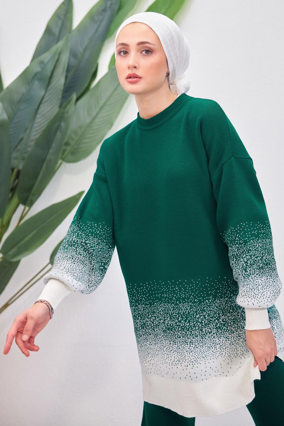 Tesettür giyim YEŞİL PANTOLONLU TRİKO TAKIM T 8708