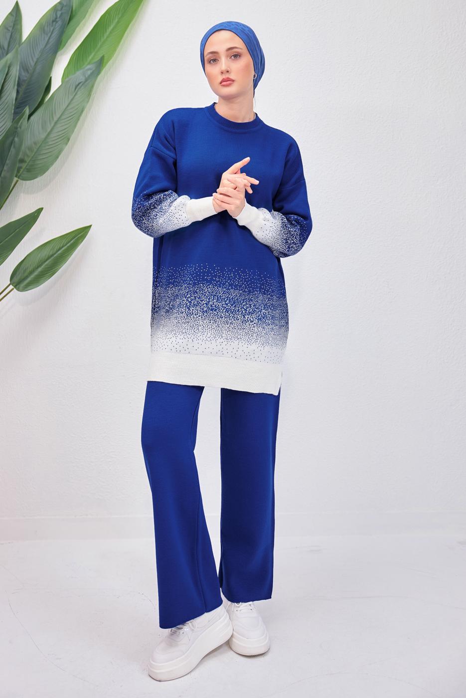 Tesettür giyim LACİVERT PANTOLONLU TRİKO TAKIM T 8708