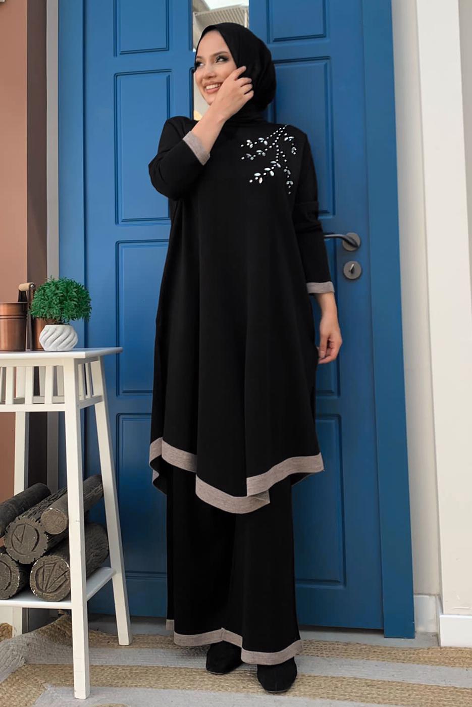 Hijab clothing BLACK KNITWEAR PANTS SUIT T 90332