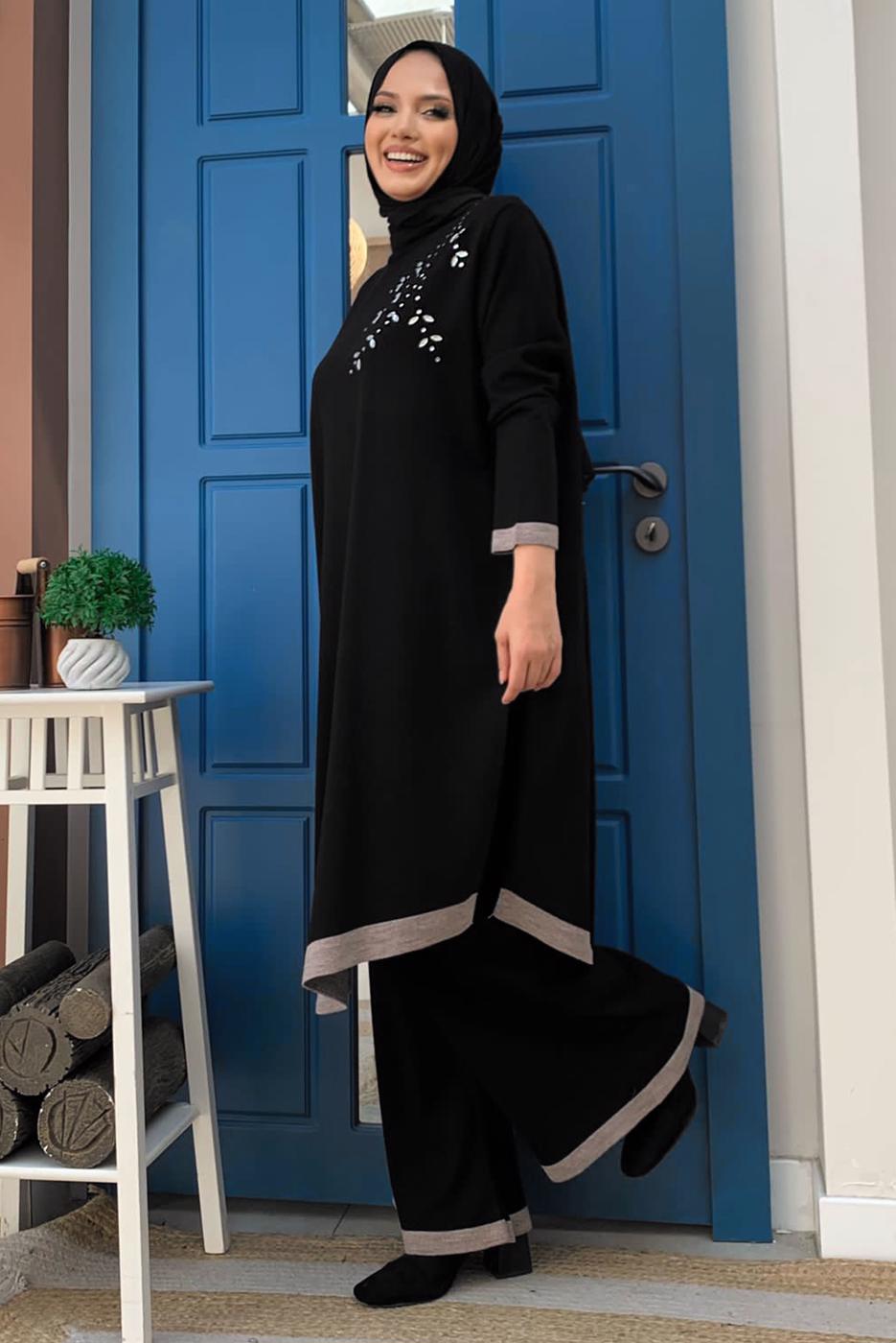 Hijab clothing BLACK KNITWEAR PANTS SUIT T 90332