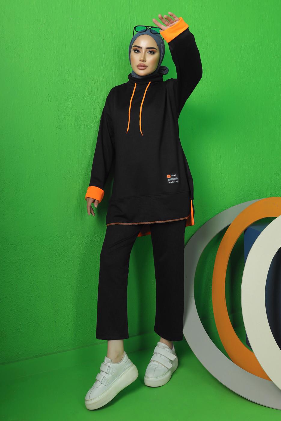 Tesettür giyim SİYAH BAĞCIK DETAYLI PANTOLONLU EŞOFMAN TAKIM T 9043