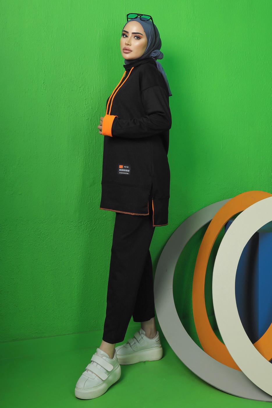 Tesettür giyim SİYAH BAĞCIK DETAYLI PANTOLONLU EŞOFMAN TAKIM T 9043