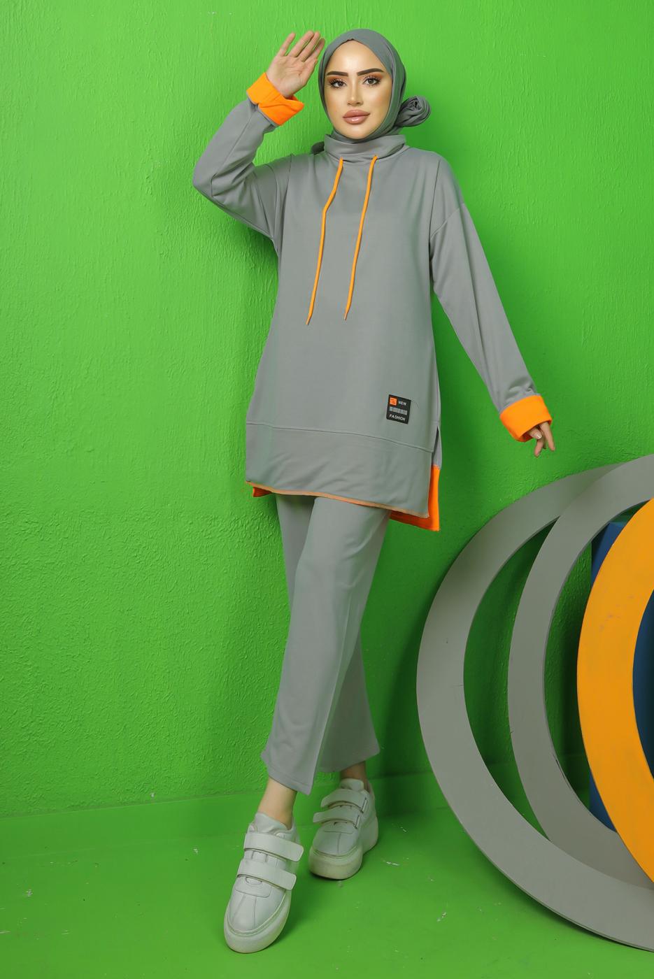 Tesettür giyim GRİ BAĞCIK DETAYLI PANTOLONLU EŞOFMAN TAKIM T 9043