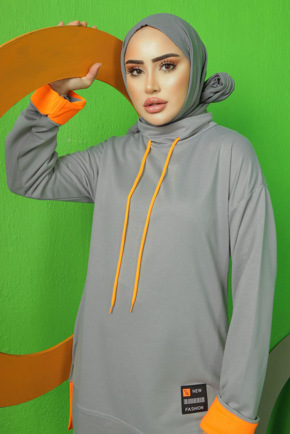 Tesettür giyim GRİ BAĞCIK DETAYLI PANTOLONLU EŞOFMAN TAKIM T 9043