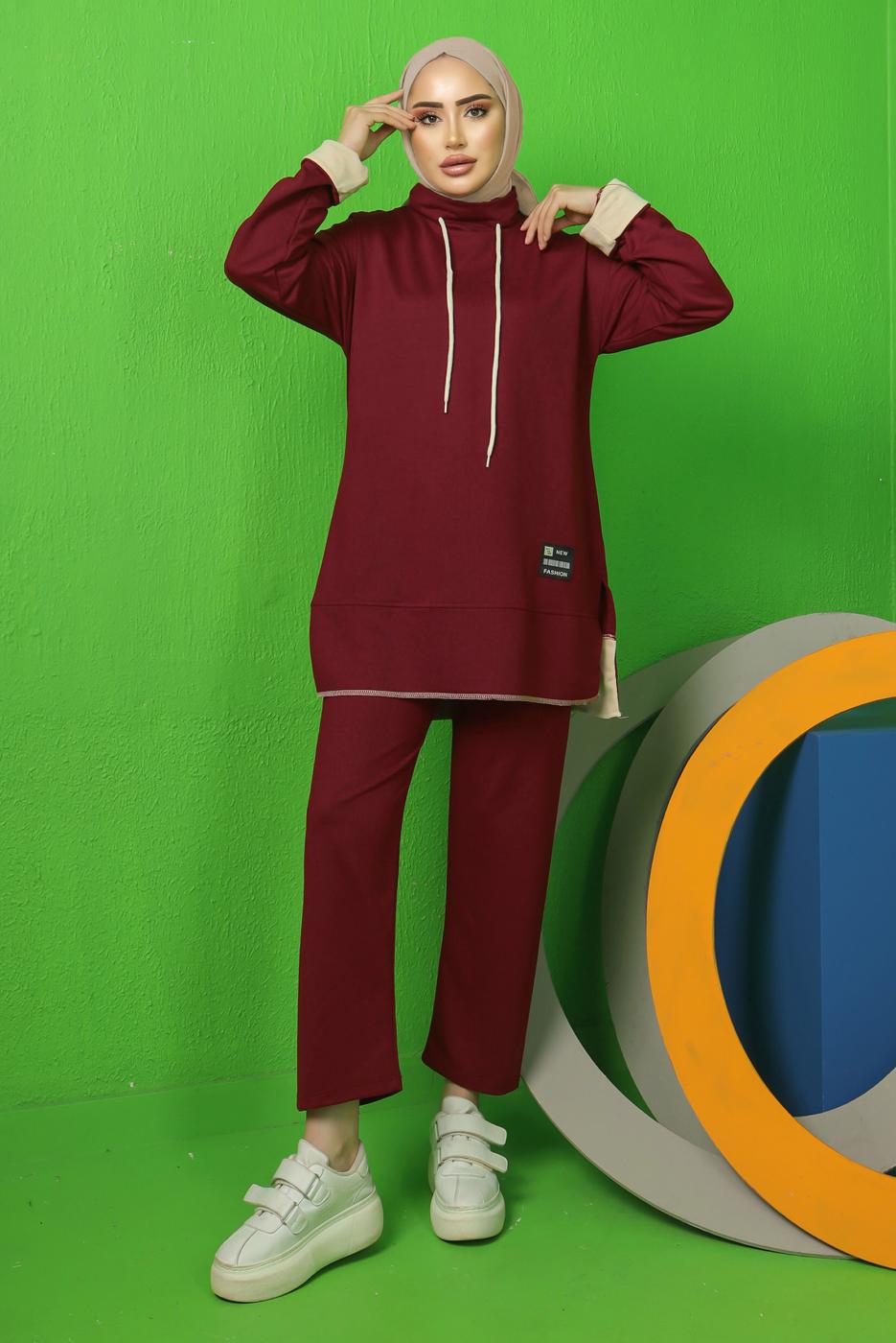 Tesettür giyim BORDO BAĞCIK DETAYLI PANTOLONLU EŞOFMAN TAKIM T 9043