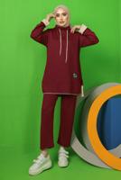 Tesettür giyim BORDO BAĞCIK DETAYLI PANTOLONLU EŞOFMAN TAKIM T 9043