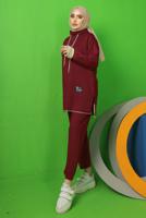 Tesettür giyim BORDO BAĞCIK DETAYLI PANTOLONLU EŞOFMAN TAKIM T 9043