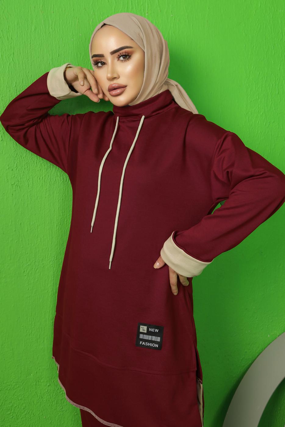 Tesettür giyim BORDO BAĞCIK DETAYLI PANTOLONLU EŞOFMAN TAKIM T 9043