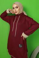 Tesettür giyim BORDO BAĞCIK DETAYLI PANTOLONLU EŞOFMAN TAKIM T 9043