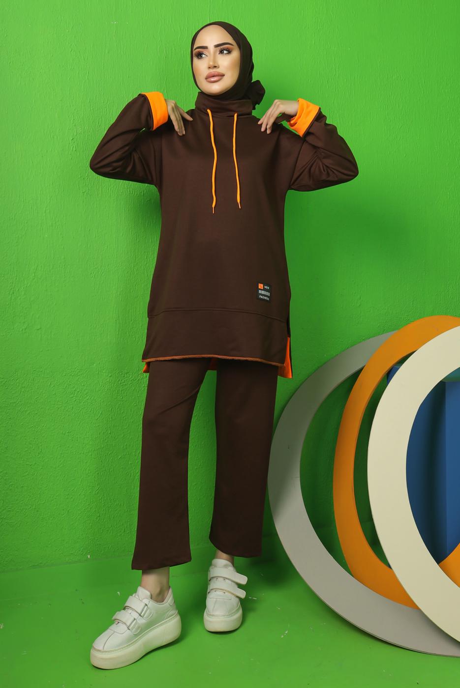 Tesettür giyim KAHVE BAĞCIK DETAYLI PANTOLONLU EŞOFMAN TAKIM T 9043