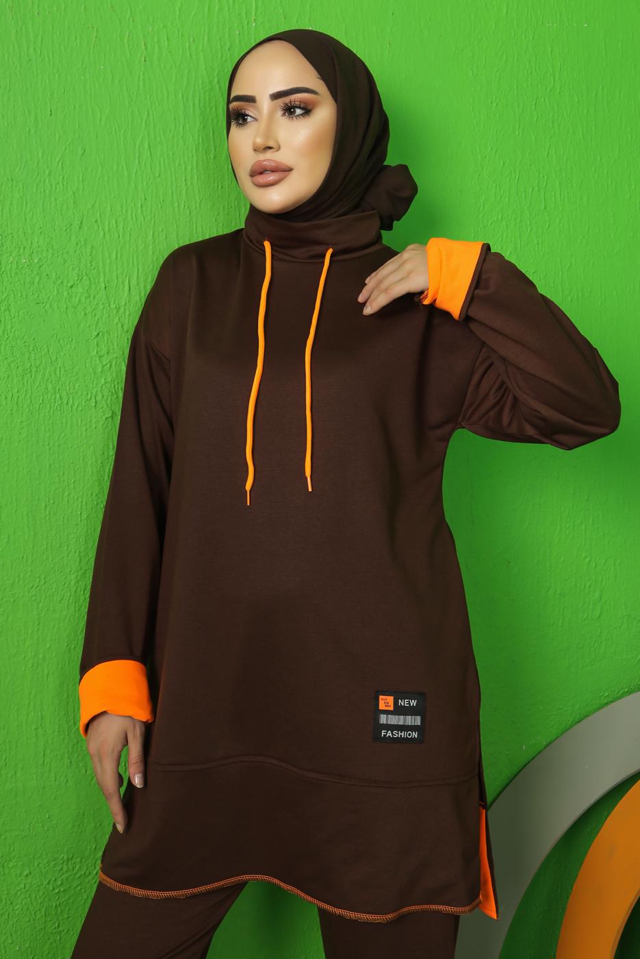 Tesettür giyim KAHVE BAĞCIK DETAYLI PANTOLONLU EŞOFMAN TAKIM T 9043