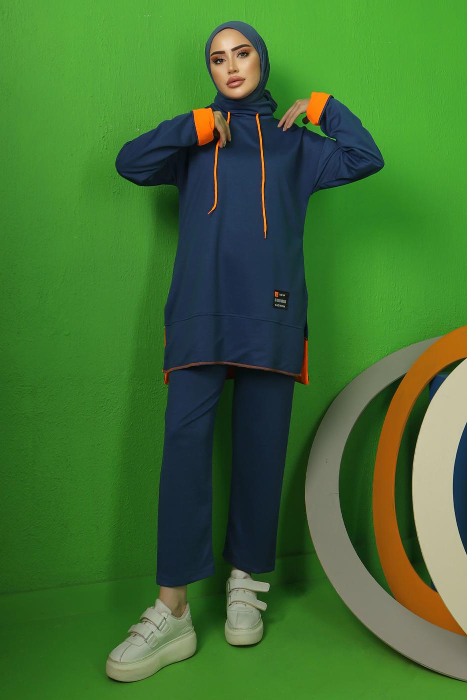 Tesettür giyim LACİVERT BAĞCIK DETAYLI PANTOLONLU EŞOFMAN TAKIM T 9043