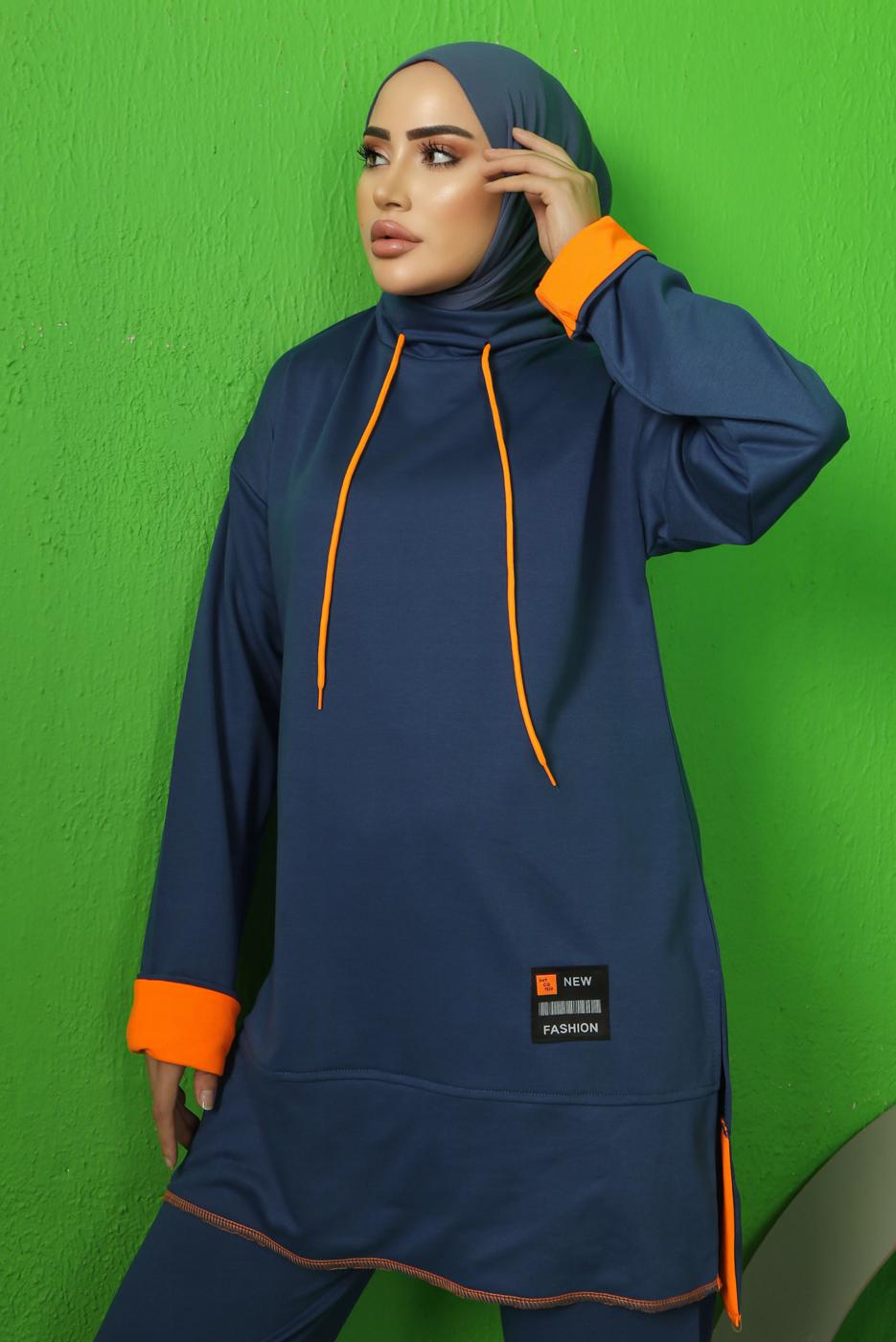 Tesettür giyim LACİVERT BAĞCIK DETAYLI PANTOLONLU EŞOFMAN TAKIM T 9043