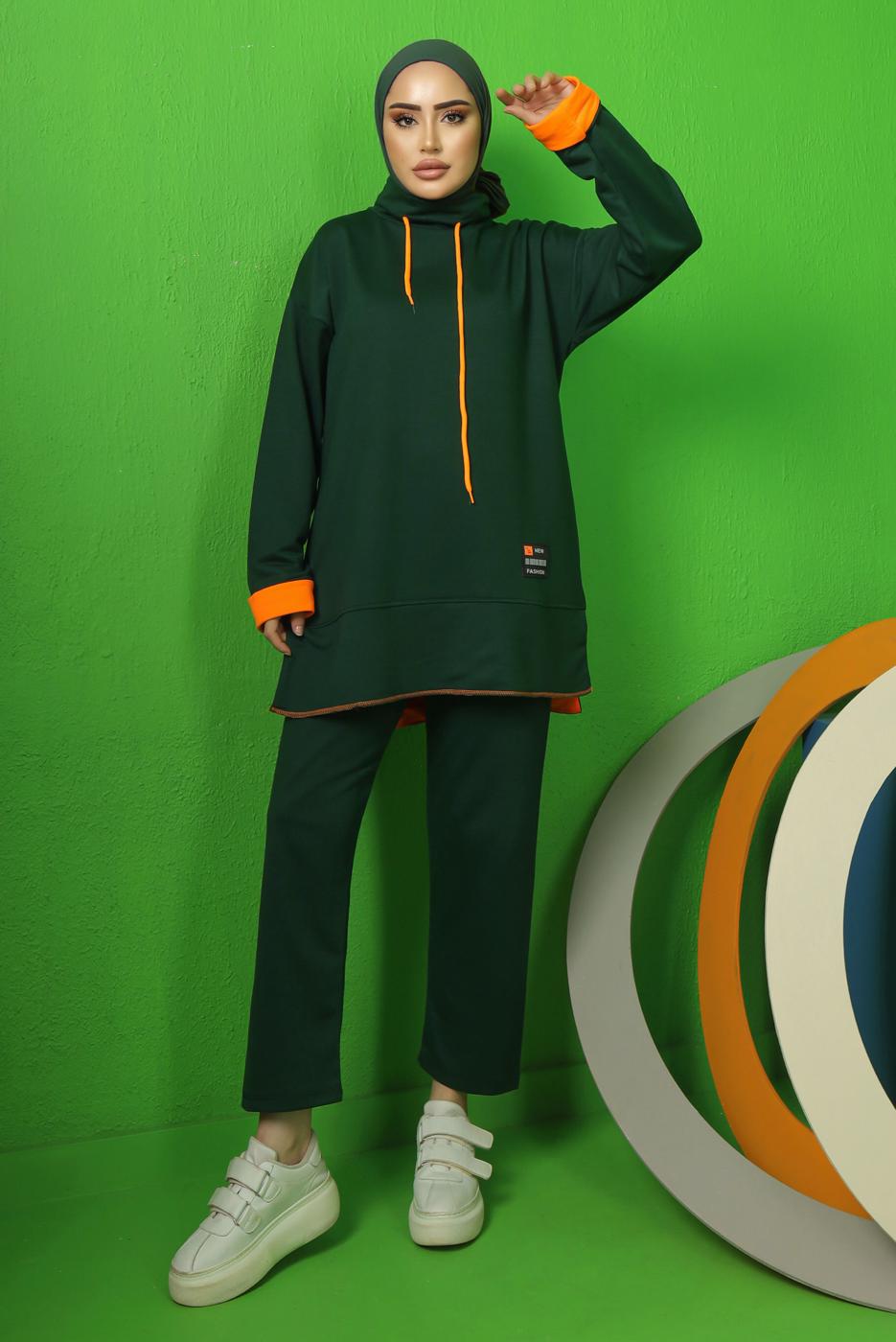 Tesettür giyim YEŞİL BAĞCIK DETAYLI PANTOLONLU EŞOFMAN TAKIM T 9043