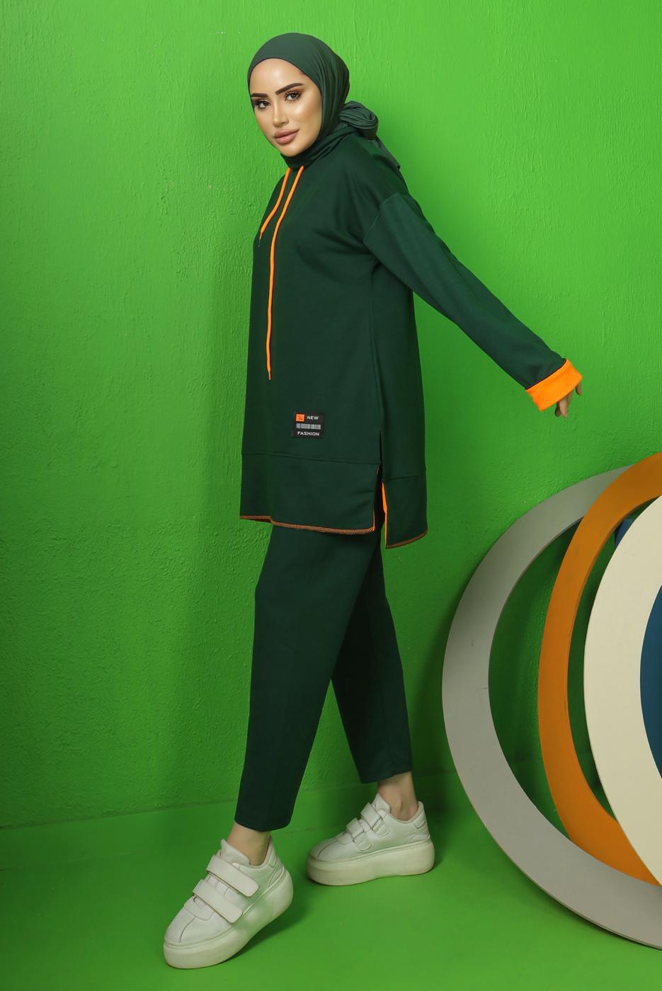 Tesettür giyim YEŞİL BAĞCIK DETAYLI PANTOLONLU EŞOFMAN TAKIM T 9043