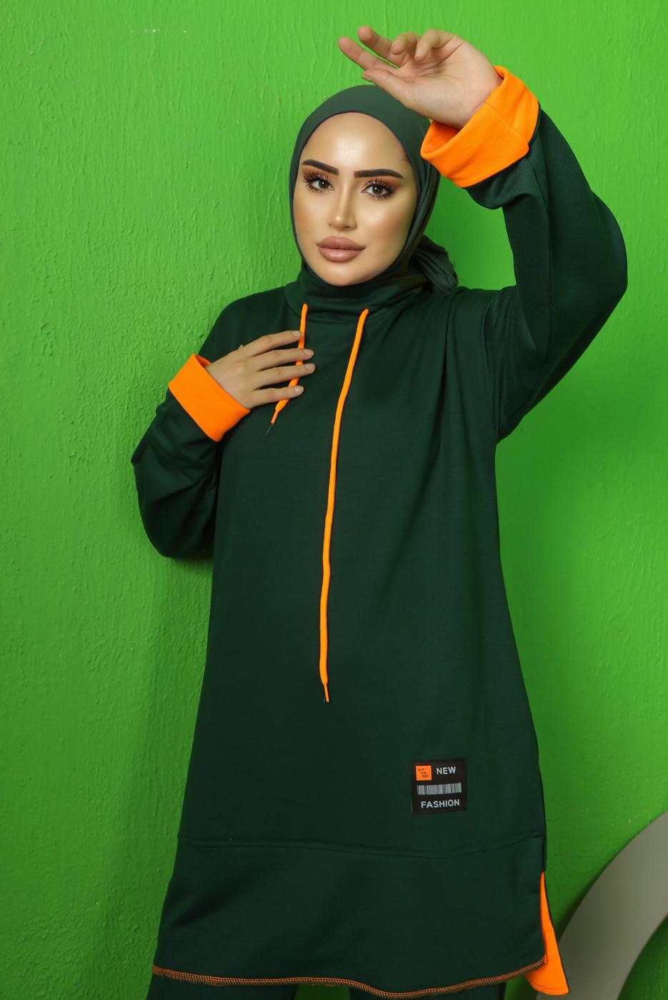 Tesettür giyim YEŞİL BAĞCIK DETAYLI PANTOLONLU EŞOFMAN TAKIM T 9043