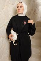 Tesettür giyim SİYAH BROŞ DETAYLI KUŞAKLI PANTOLONLU TAKIM T 9243