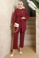 Tesettür giyim BORDO BROŞ DETAYLI KUŞAKLI PANTOLONLU TAKIM T 9243