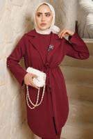 Tesettür giyim BORDO BROŞ DETAYLI KUŞAKLI PANTOLONLU TAKIM T 9243