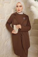 Tesettür giyim KAHVE BROŞ DETAYLI KUŞAKLI PANTOLONLU TAKIM T 9243