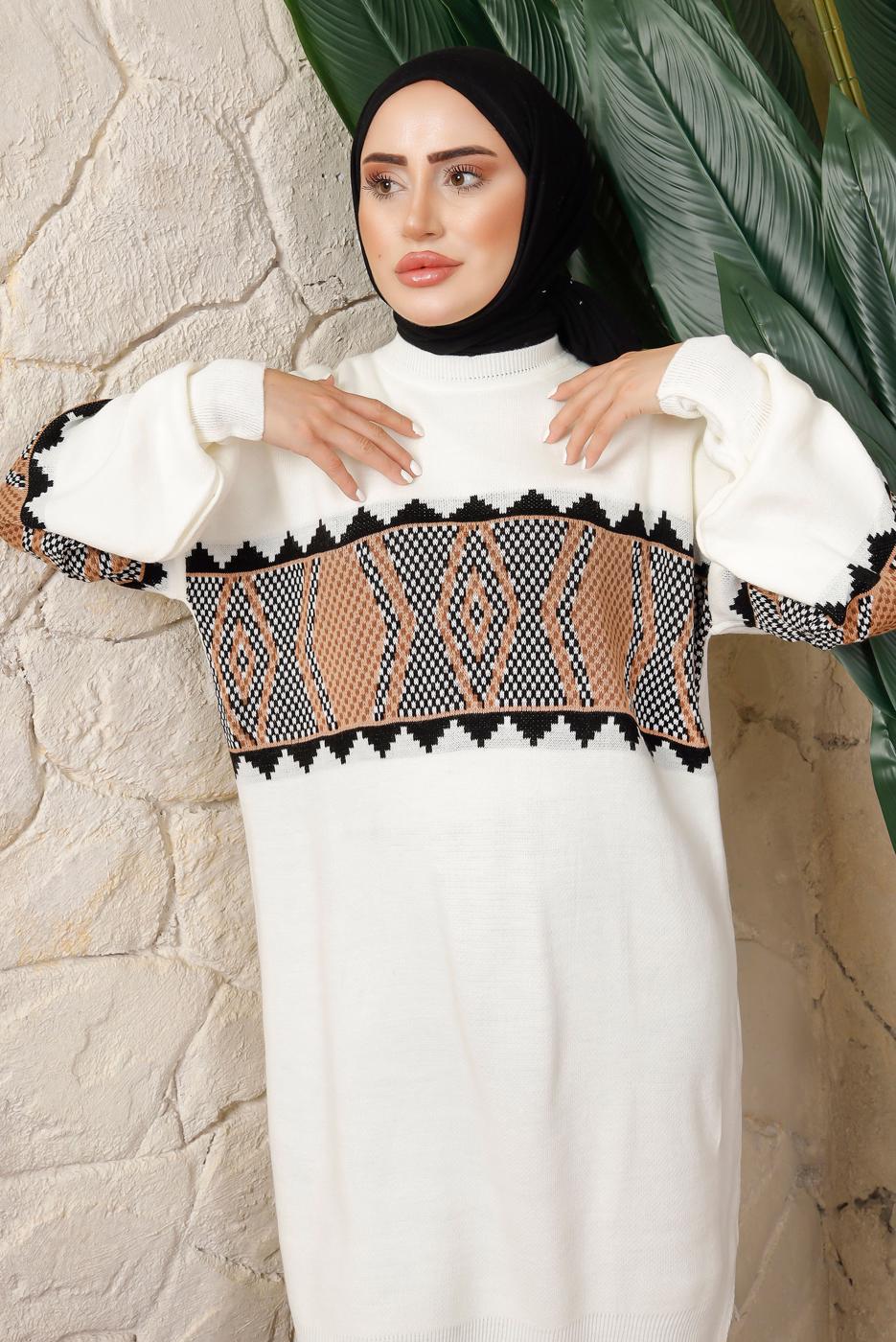 Tesettür giyim SİYAH DESENLİ BELİ LASTİKLİ PANTOLONLU TRİKO TAKIM T 9308