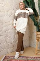 Tesettür giyim KAHVE DESENLİ BELİ LASTİKLİ PANTOLONLU TRİKO TAKIM T 9308