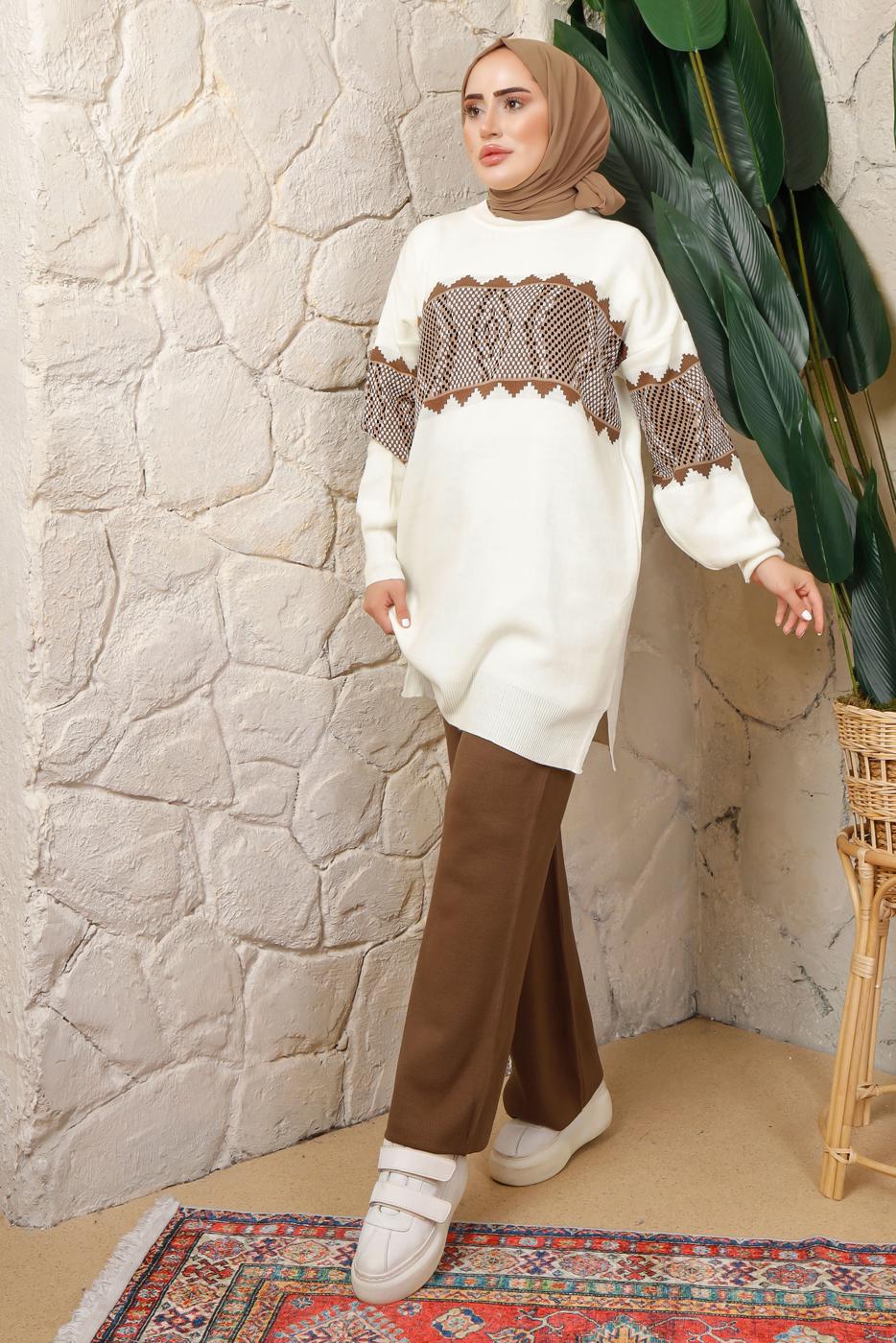 Tesettür giyim KAHVE DESENLİ BELİ LASTİKLİ PANTOLONLU TRİKO TAKIM T 9308